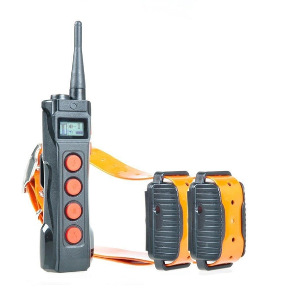 black and orange remote next to two orange Aetertek AT-919C Remote Training Collar with Auto Bark